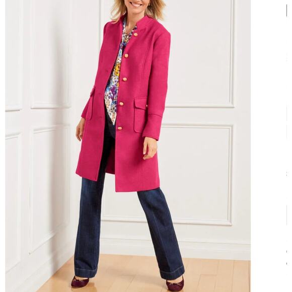 TALBOTS Military Coat 22 WP Fuschia Pink Pockets Metal Buttons Classic Barbie - Picture 1 of 16